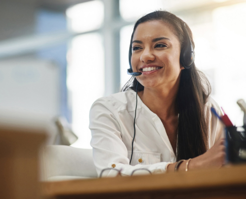 Communication, crm or happy woman in call center consulting